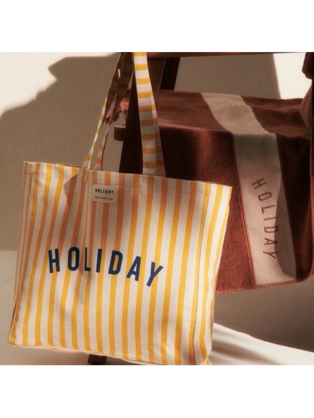 Sezane Yellow Stripe Canvas Tote Bag with Blue Logo